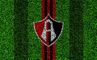 أطلس FC, 4k, كرة القدم العشب, شعار, المكسيكي لكرة القدم, الأحمر خطوط سوداء, Primera Division, والدوري, العشب الملمس, غوادالاخارا, المكسيك, كرة القدم, نادي أطلس