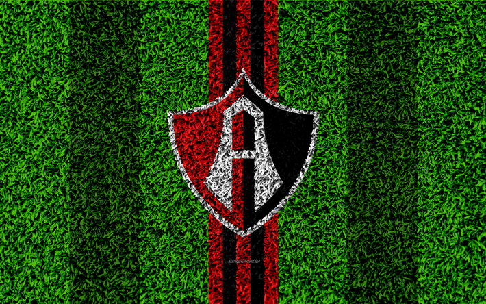 Atlas FC, 4k, football lawn, logo, Mexican football club, emblem, red black lines, Primera Division, Liga MX, grass texture, Guadalajara, Mexico, football, Club Atlas