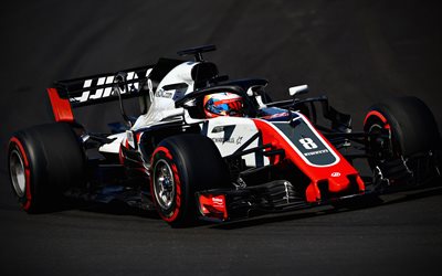 4k, Romain Grosjean, close-up, 2018 voitures de Formule 1, HALO, chemin de c&#226;bles, de F1, de Haas 2018, Haas VF-18, voitures de F1, VF-18, Haas