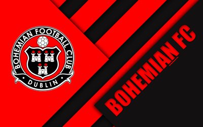 bohemian fc, 4k, logo, rot schwarz abstraktion, irish football club, material, design, emblem, dublin, irland, fu&#223;ball, league of ireland premier division