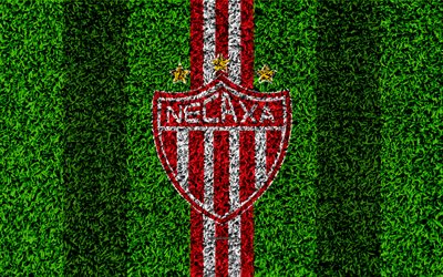 Club Necaxa, 4k, football lawn, logo, Mexican football club, emblem, red white lines, Primera Division, Liga MX, grass texture, Aguascalientes, Mexico, football, Necaxa FC