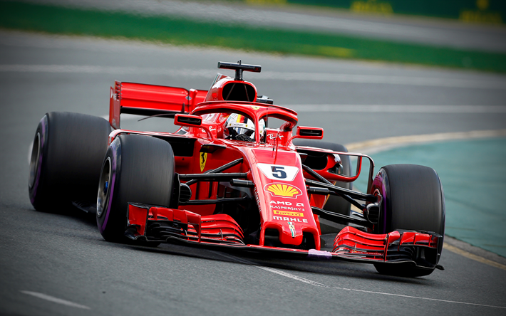Sebastian Vettel, close-up, 4k, raceway, Scuderia Ferrari, Ferrari SF71H, Bilar 2018, Formel 1, nya ferrari f1, F1, ny cockpit skydd, HALO, SF71H, Ferrari, Ferrari 2018