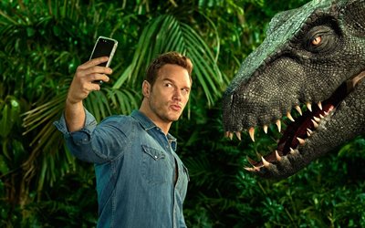 Jurassic V&#228;rlden Fallit Rike, 2018, Jurassic V&#228;rlden 2, Chris Pratt, Amerikansk sk&#229;despelare, dinosaurie, affisch, nya filmer, selfie med dinosaurie, Christopher Michael Pratt