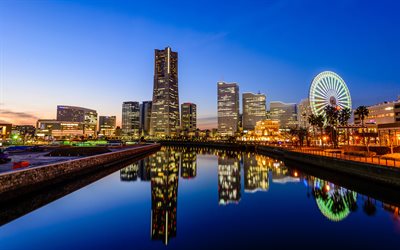 Yokohama, nightscape, ferris wheel, modern buildings, Japan, Asia