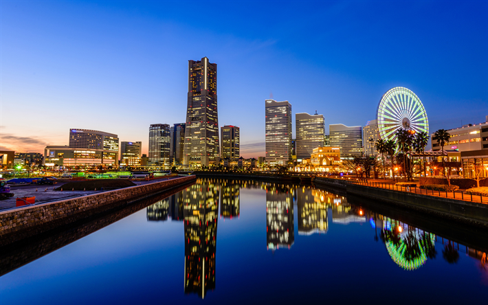 Yokohama, in notturna, la ruota panoramica, edifici moderni, Giappone, Asia