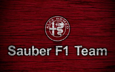 Alfa Romeo Sauber F1 Team, 4k, le logo, les &#233;quipes de F1, F1, Formule 1 en bois de la texture, de la Formule 1 En 2018, Sauber F1 Team, Sauber