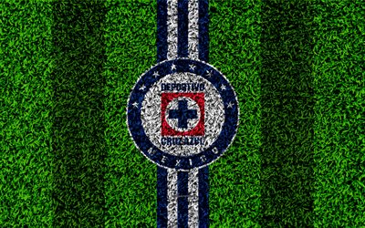 CD Cruz Azul, 4k, calcio prato, logo, Messicani del club di calcio, emblema, blu, bianco, linee, Primera Division, la Liga MX, di erba, di texture, di Citt&#224; del Messico, Messico, calcio, Cruz Azul FC