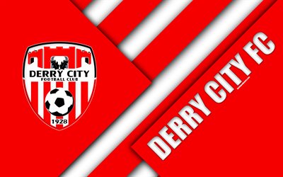 Derry City FC, 4k, logo, red white abstraction, Irish Football Club, material design, emblem, Derry, Ireland, football, League of Ireland Premier Division