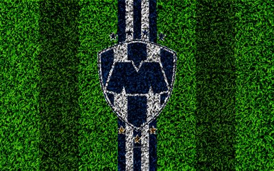 CF Monterrey, 4k, football lawn, logo, Mexican football club, emblem, blue-white lines, Primera Division, Liga MX, grass texture, Monterrey, Nuevo Leon, Mexico, football, Monterrey FC