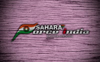 Sahara Force India F1 Team, 4k, el logotipo, los equipos de F1, F1, Force India bandera, la F&#243;rmula 1 de madera de la textura, la F&#243;rmula 1 el a&#241;o 2018, Force India