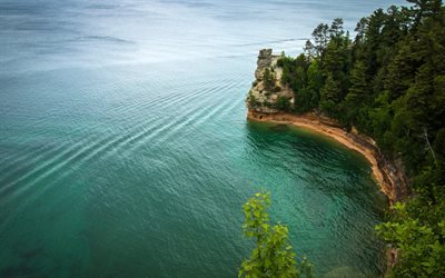 Beaver Lake, rochas, costa, lago, Na Foto Rocks National Lakeshore, Michigan, Estados Unidos, Noroeste
