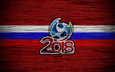 4k, FIFA World Cup 2018, wooden texture, Russia 2018, soccer, FIFA, football, logo, Soccer World Cup, russian flag