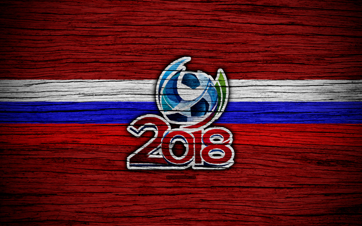 4k, FIFA World Cup 2018, wooden texture, Russia 2018, soccer, FIFA, football, logo, Soccer World Cup, russian flag