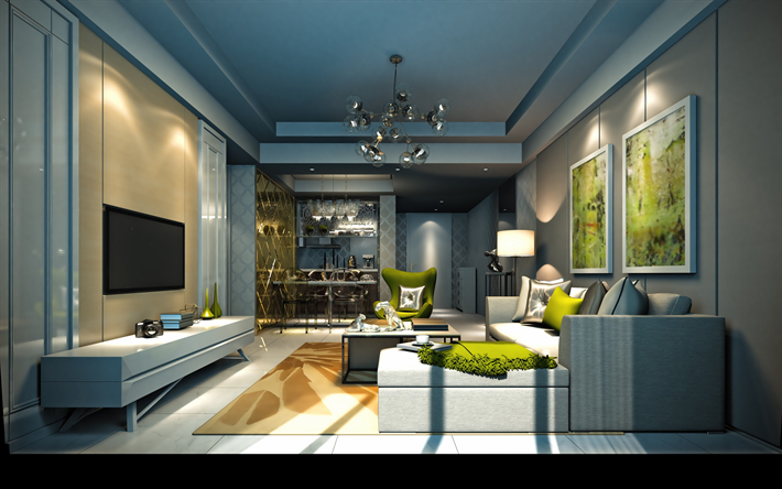 living room, modern interior design, stylish interior design of the living room, gray green living room, luxurious interiors