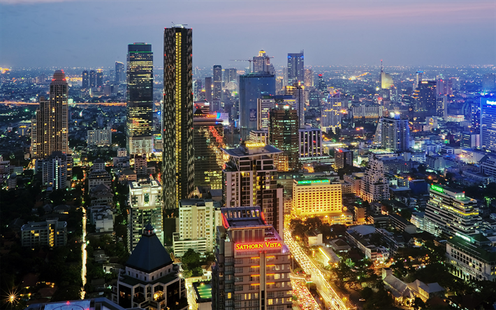 bangkok, abend, stadt, moderne geb&#228;ude, stra&#223;en, thailand, asien