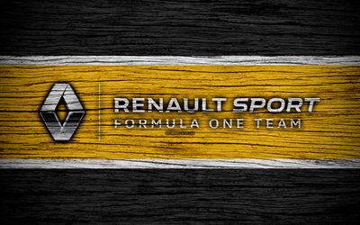 renault sport formula one, 4k, logo, f1-teams, f1, renault f1, flagge, formel-1-holz-textur, die formel 1 in 2018, renault