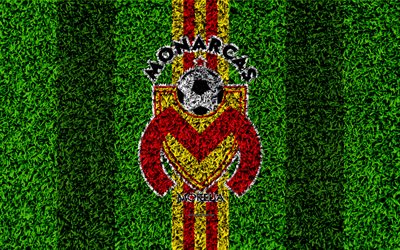 Monarcas Morelia, 4k, football de la pelouse, le logo, les Mexicains du club de football, l&#39;embl&#232;me, le rouge, le jaune lignes, Primera Division, Liga MX, texture d&#39;herbe, Morelia, Mexique, le football, le FC Monarcas