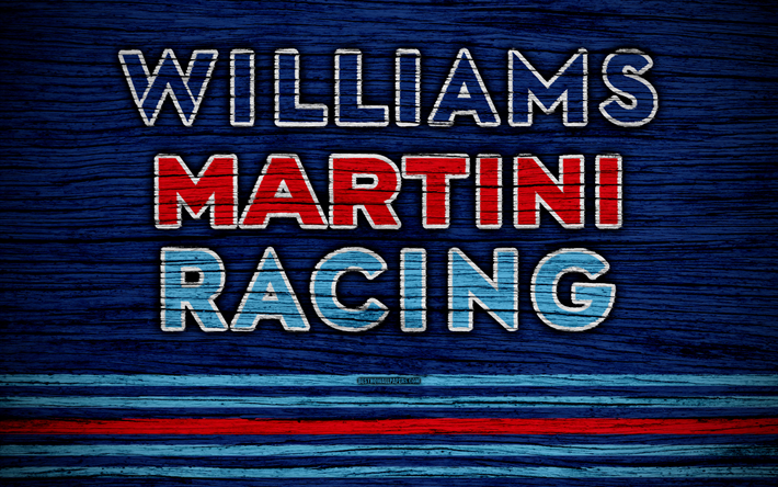 Williams Martini Racing, 4k, logo, Equipas de F1, F1, Williams F1 bandeira, F&#243;rmula 1 textura de madeira, F&#243;rmula 1 2018, Williams