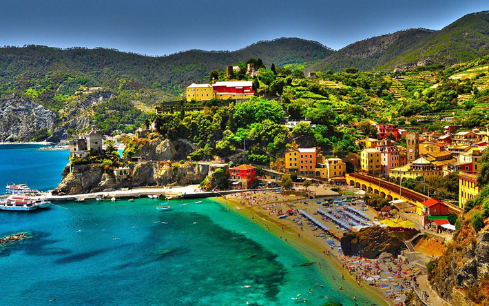 Monterosso al Mare, HDR, 4k, estate, spiaggia, resort, Italia, Europa