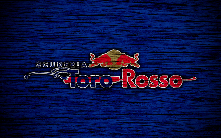 Red Bull, Toro Rosso, 4k, logo, F1-tiimit, F1, Toro Rosso lippu, Formula 1, Scuderia Toro Rosso, puinen rakenne, Formula 1-2018