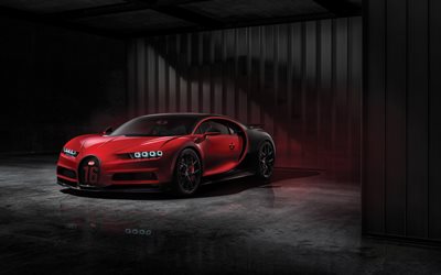 Bugatti Chiron Esportes, garagem, 2018 carros, 4k, hypercars, novo Chiron, Bugatti, vermelho Chiron, supercarros