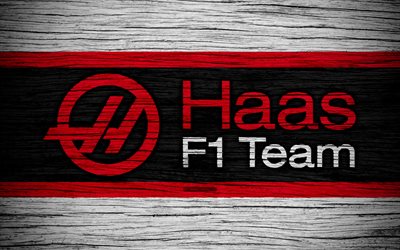 Haas Equipe De F1, 4k, logo, Equipas de F1, F1, Haas bandeira, F&#243;rmula 1, textura de madeira, F&#243;rmula 1 2018, Haas