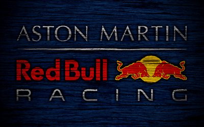 Aston Martin Red Bull Racing, 4k, logo, F1 teams, F1, Red Bull Racing flag, Formula 1, wooden texture, Formula 1 2018, Red Bull Racing