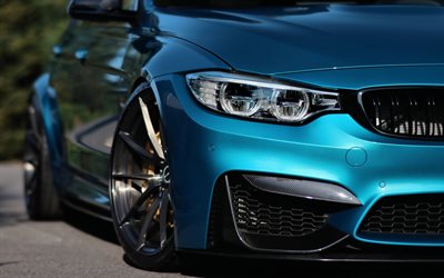 El BMW M3, F80, LED, vista de frente, los faros, los coches deportivos, azul M3, BMW