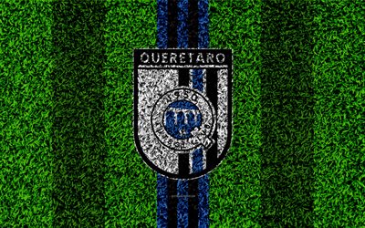 Queretaro FC, Gallos Blancos de Queretaro, 4k, football lawn, logo, Mexican football club, emblem, blue black lines, Primera Division, Liga MX, grass texture, Santiago de Queretaro, Mexico, football