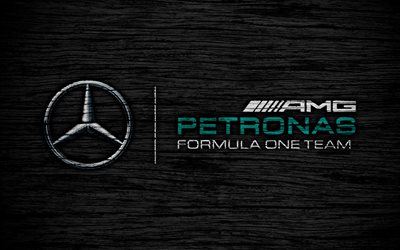 Mercedes-AMG, Odalarda, 4k, logo, F1 takımları, F1, Mercedes-AMG F1 bayrak, Formula 1, ahşap doku, 2018 Formula 1, Mercedes AMG F1