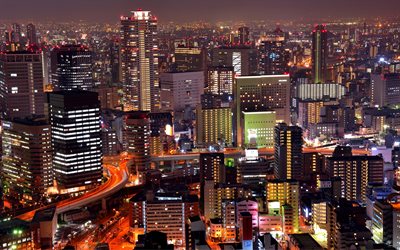 Osaka, y&#246;maisema, tiet, moderneja rakennuksia, Japani, Aasiassa