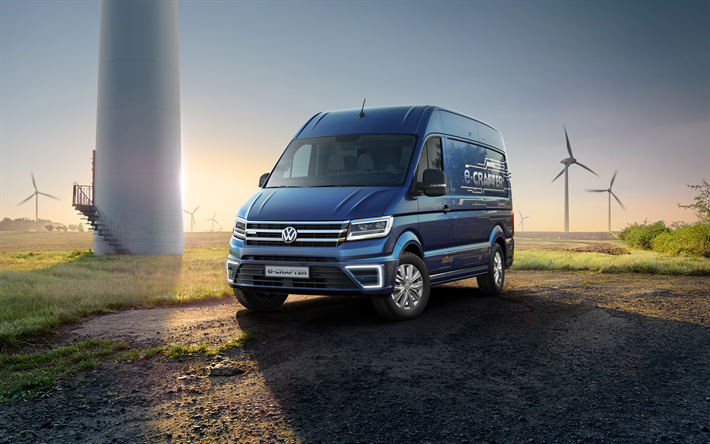 Volkswagen e-Crafter, 4k, windmills, 2018 vans, electric van, cargo transport, Volkswagen Crafter, Volkswagen