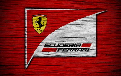Scuderia Ferrari, 4k, logo, Equipas de F1, F1, Scuderia Ferrari bandeira, F&#243;rmula 1, textura de madeira, F&#243;rmula 1 2018, O Ferrari F1 Team