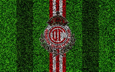 Deportivo Toluca FC, 4k, f&#250;tbol de c&#233;sped, logotipo, Mexicana de f&#250;tbol del club, emblema, rojo, blanco l&#237;neas, Primera Divisi&#243;n, Liga MX, el c&#233;sped de textura, Toluca de Lerdo, M&#233;xico, el f&#250;tbol