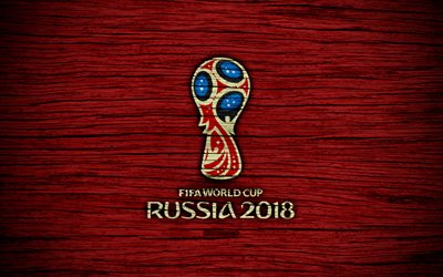 4k, كأس العالم لكرة القدم عام 2018, نسيج خشبي, شعار روسيا 2018, كرة القدم, الفيفا, شعار, كأس العالم لكرة القدم, خلفية حمراء, روسيا 2018