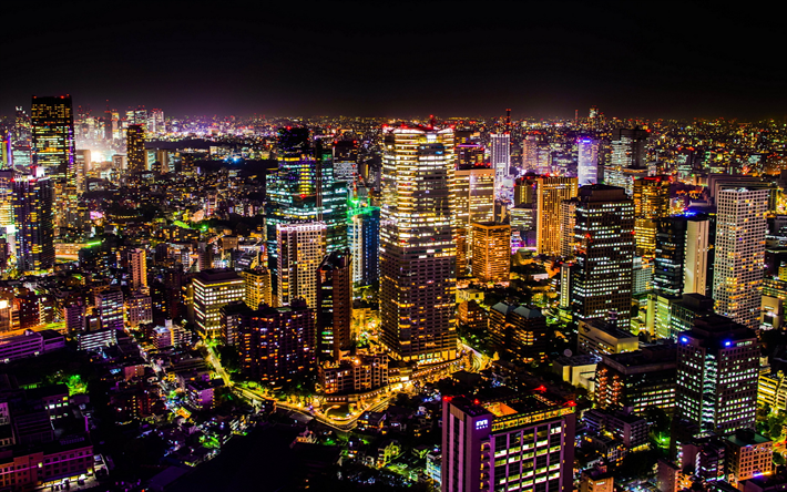 Tokyo, belysning, moderna byggnader, panorama, natt, Japan, Asien