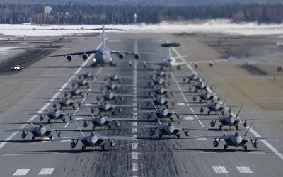 Lockheed Martin F-22 Raptor, US Air Force, military airfield, American fighters on the runway, Boeing C-17 Globemaster III, F-22, USAF, military aircraft, USA
