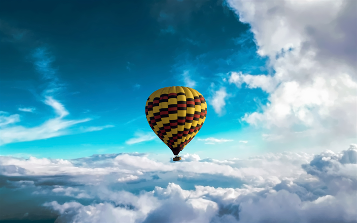 ballon &#224; air, 4k, ciel bleu, nuages, avion, ballon &#224; air chaud
