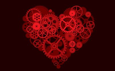 Creative red heart, love concepts, heart with gears, metal heart, gearwheel