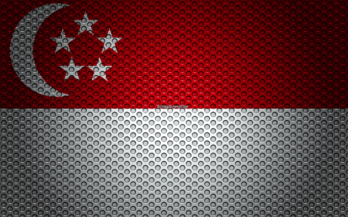 旗のシンガポール, 4k, 【クリエイティブ-アート, 金属メッシュの質感, シンガポールフラグ, 国立シンボル, シンガポール, アジア, 旗のアジア諸国