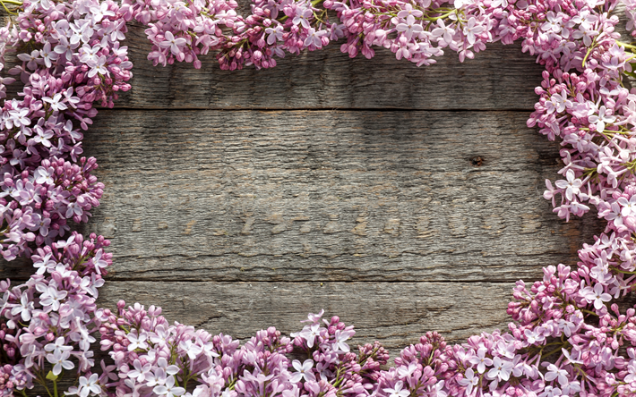 ライラックフレーム, 木の背景, 灰色の木製の質感, 春の花, ライラック, 花フレーム