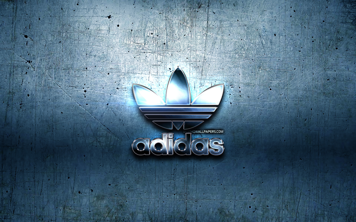 Adidas metal logo, blue metal background, artwork, Adidas, brands, Adidas 3D logo, creative, Adidas logo