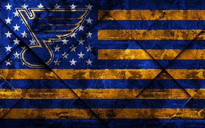 St Louis Blues, 4k, American hockey club, grunge art, rhombus grunge tekstuuri, Amerikan lippu, NHL, St Louis, Missouri, USA, National Hockey League, USA lippu, j&#228;&#228;kiekko