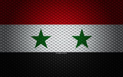 علم سوريا, 4k, الفنون الإبداعية, شبكة معدنية الملمس, العلم السوري, الرمز الوطني, سوريا, آسيا, أعلام الدول الآسيوية