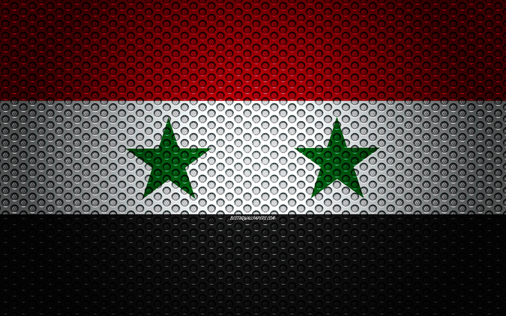 旗のシリア, 4k, 【クリエイティブ-アート, 金属メッシュの質感, シリア国旗, 国立シンボル, シリア, アジア, 旗のアジア諸国