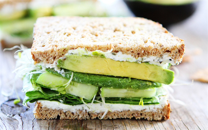 sandwich mit avocado, gesundes essen, salatbl&#228;tter, avocado -, sandwich -, gewicht-verlust-konzepte