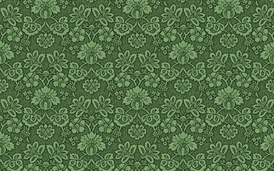 خلفية خضراء مع زخارف نباتية, محبوك الأخضر الملمس, زهرة نسيج, النسيج الأخضر الخلفية, سلس نسيج الأزهار, خمر خلفية خضراء