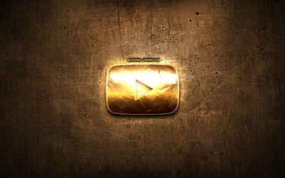 Youtube altın d&#252;ğme, sanat, kahverengi metal arka plan, Youtube altın logo, yaratıcı, Youtube logo, marka, Youtube