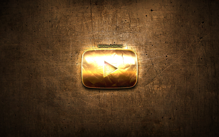 Youtube-golden-knappen, konstverk, brun metall bakgrund, Youtube golden logotyp, kreativa, Youtubes logotyp, varum&#228;rken, Youtube
