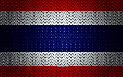 Thaimaan lippu, 4k, creative art, metalli mesh rakenne, kansallinen symboli, Thaimaa, Aasiassa, liput Aasian maat
